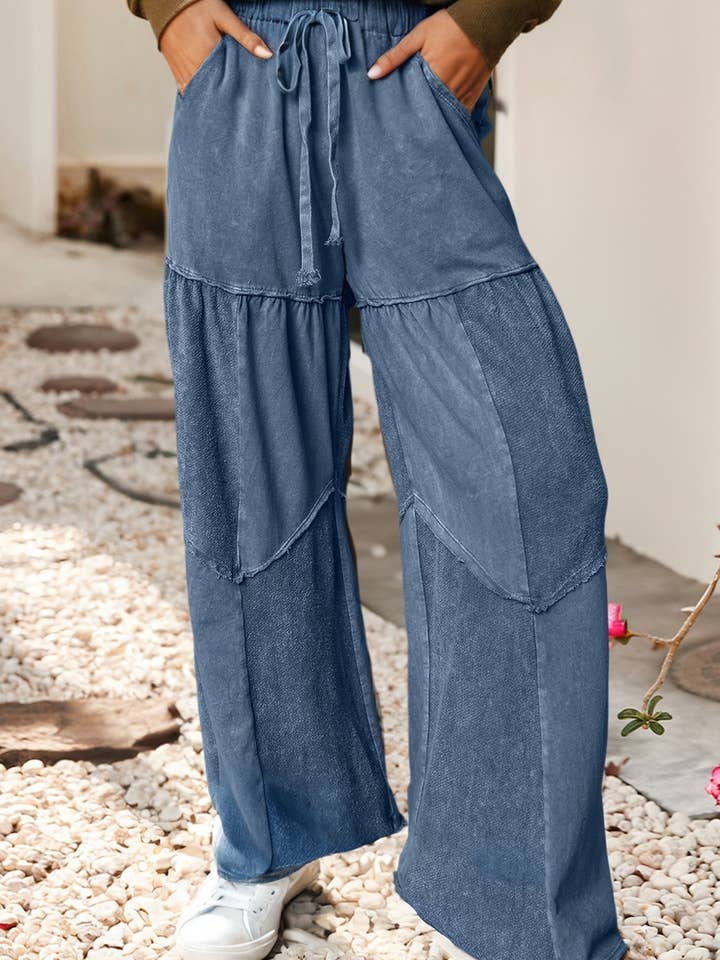 LDC Mineral Wash Tiered Wide Leg Patchwork Drawstring Pants for wholesale by Little Daisy Closet
