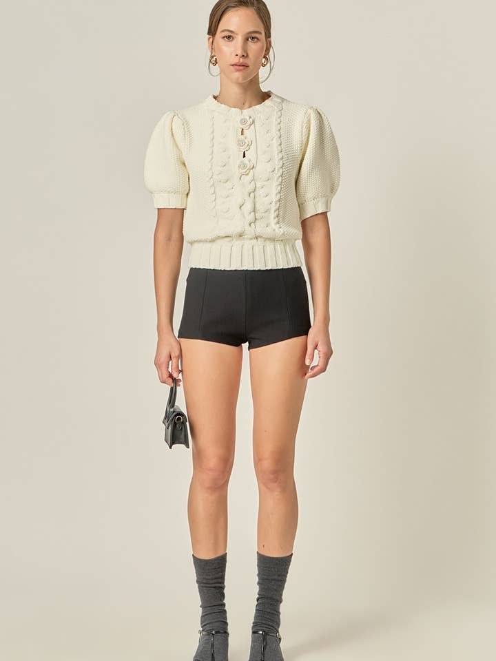 Kabelstrickpullover mit Puffärmeln und Blumendetails für den Großhandel von English Factory