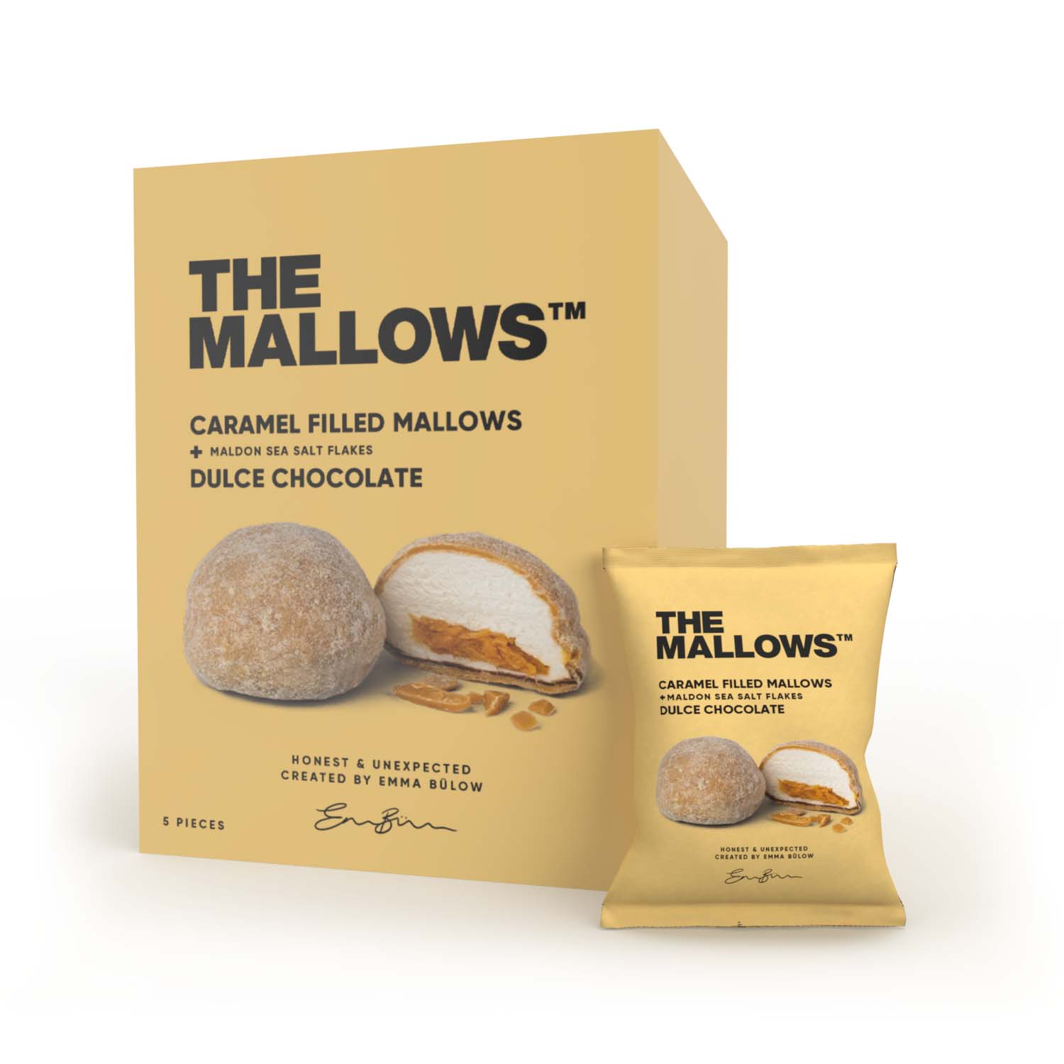 The Mallows - Vente Guimauve - GUIMAUVES REMPLIES DE CARAMEL + CHOCOLAT DULCE 5 x 16G
