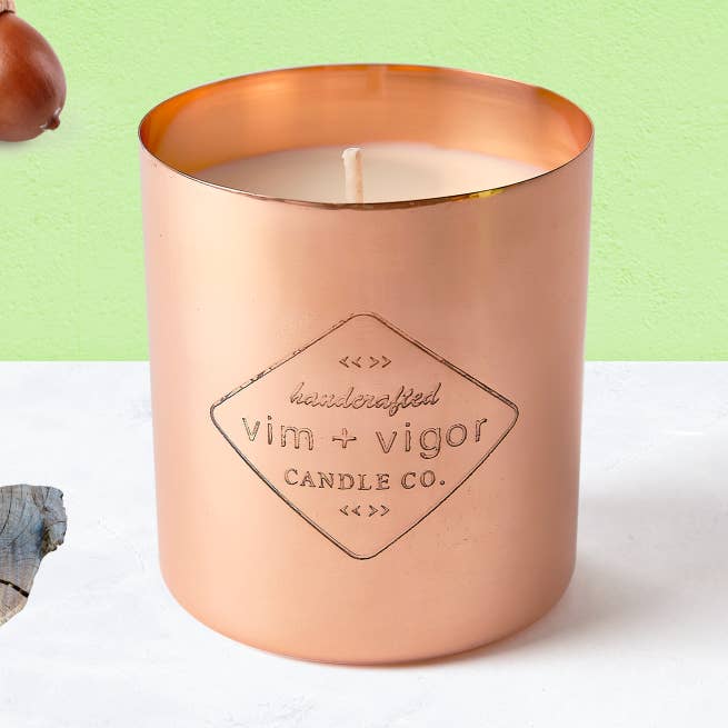 Oak + Teakwood Copper Candle for wholesale by Vim + Vigor Candle Co