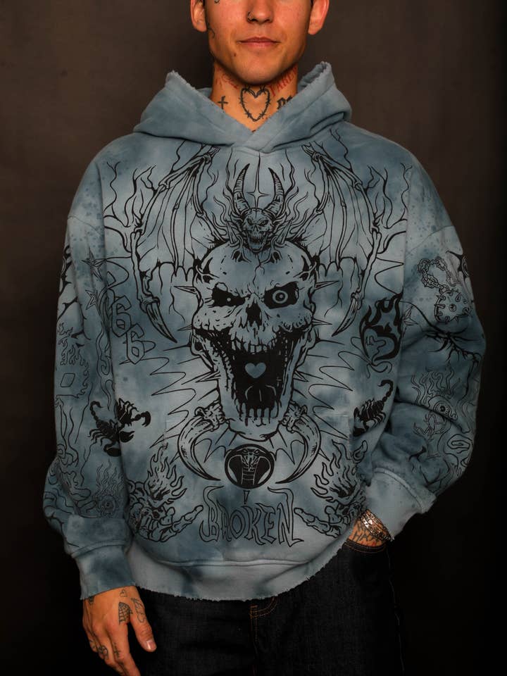 Agitator Destroyed Hoodie Blue for wholesale by Broken Promises Co.