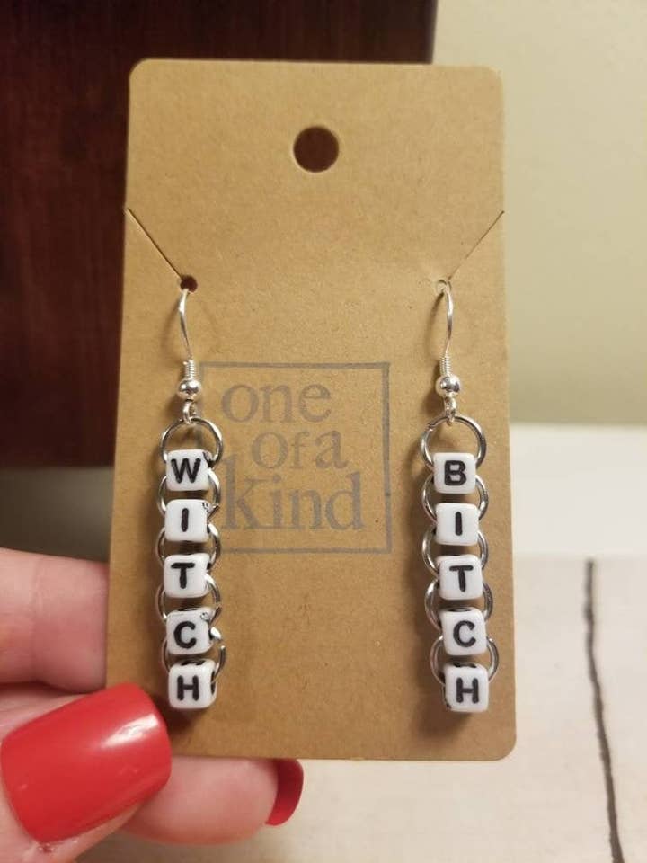 Beaded "Witch Bitch" Word Earrings for wholesale by Sapphire Creations