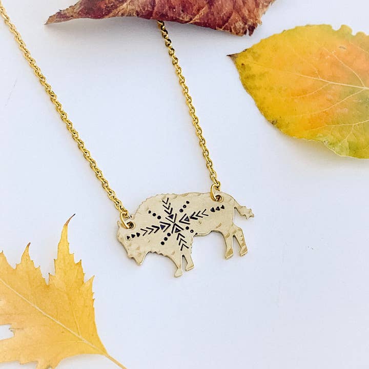 Aztec Bison Necklace, Buffalo, Hand Stamped Necklace for wholesale by JOY IN THE MORNING