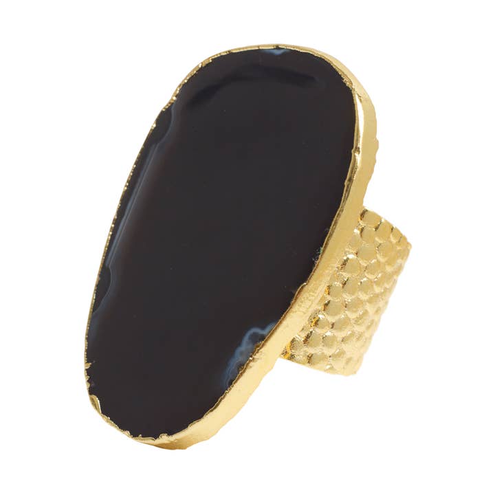 Bague Statement en Or avec Pierre Précieuse Noire 'ULTRA MEGA' pour la vente par YAA YAA LONDON