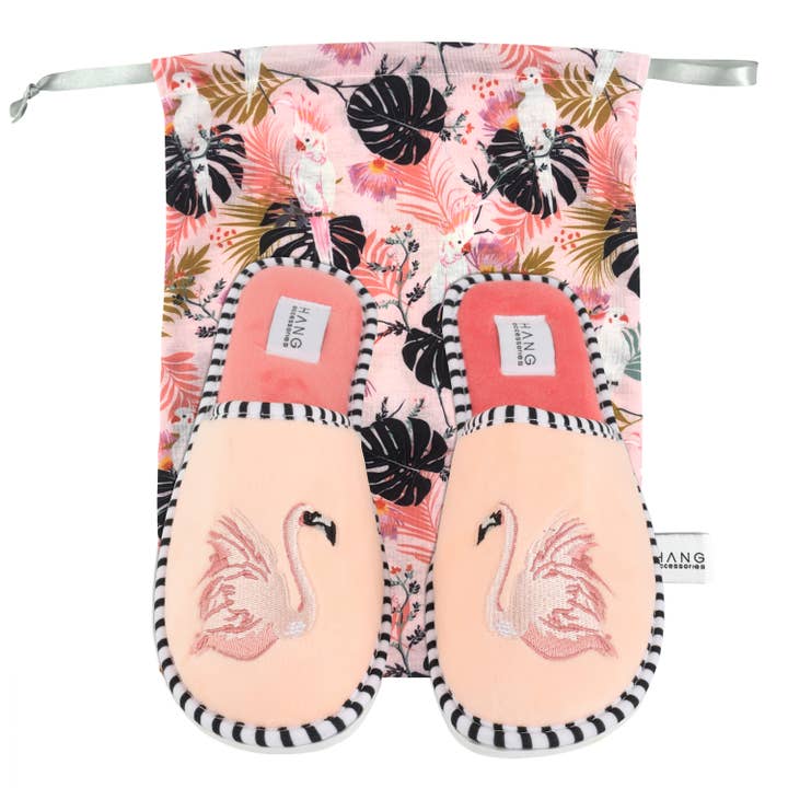 Hang Accessories - Wholesale Slippers - Women's - Flamingo Foldable Slippers & Pouch Set