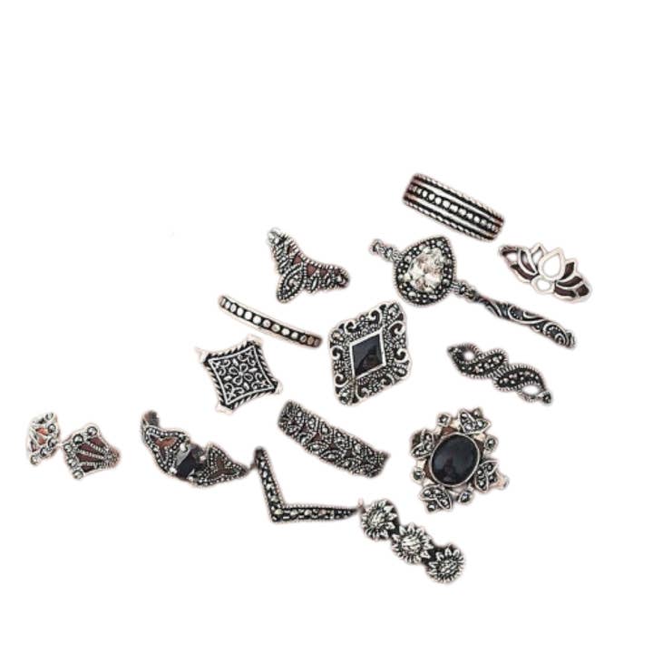 Black Crystal and Silvertone Marquis Lotus Rings (Set of 15) for wholesale by BESHEEK JEWELRY