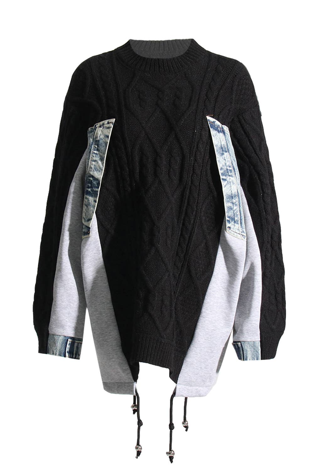 NEWGENS - Wholesale Knit Sweater - Women's - NT1036A Cable Knit Sweater with Denim Layered Details2