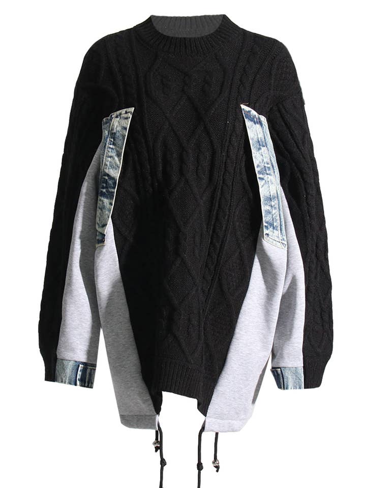 NEWGENS - Wholesale Knit Sweater - Women's - NT1036A Cable Knit Sweater with Denim Layered Details2