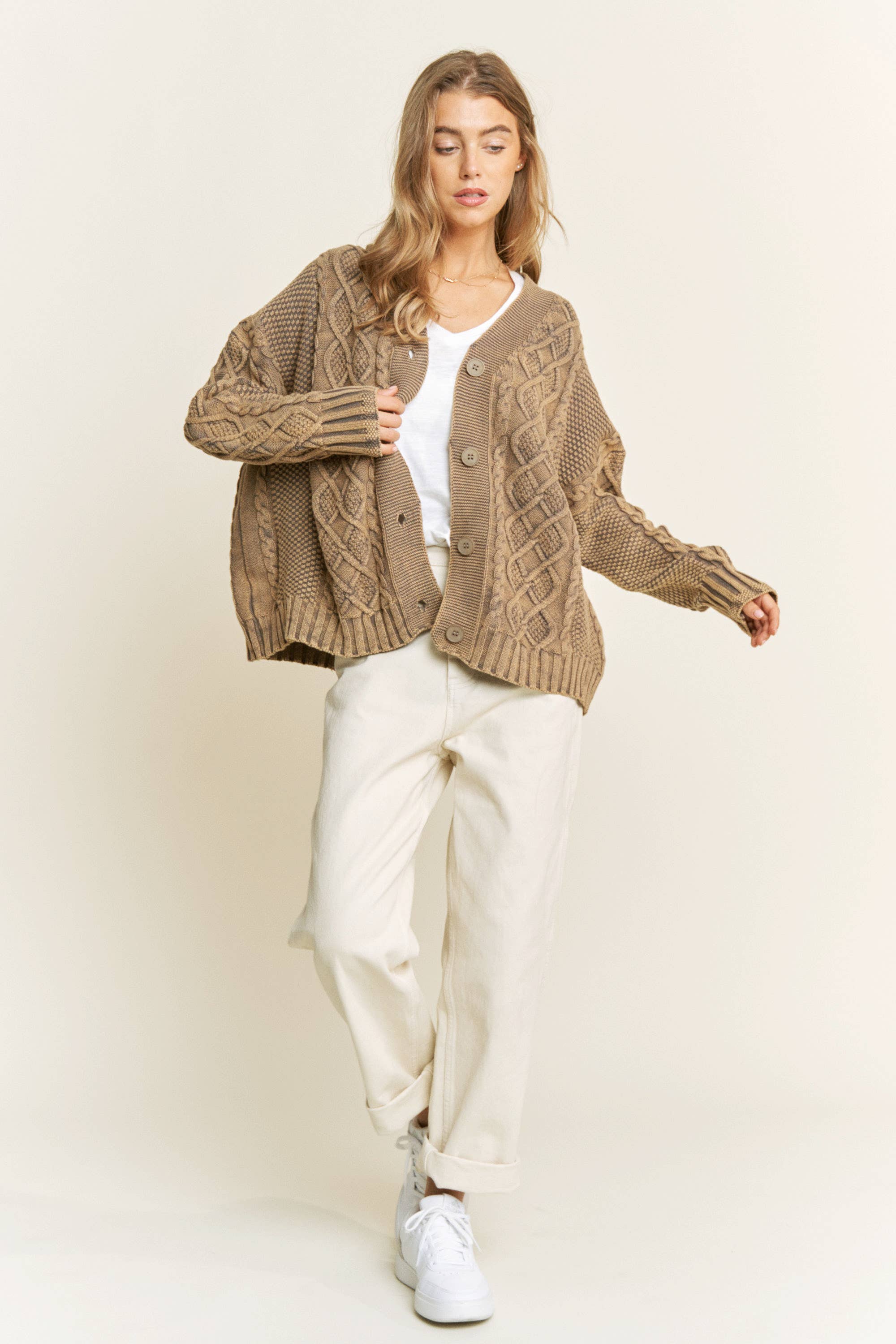 Sweet Generis - Wholesale Cardigan - Women's - WASHED VINTAGE CABLE KNIT CARDIGAN3