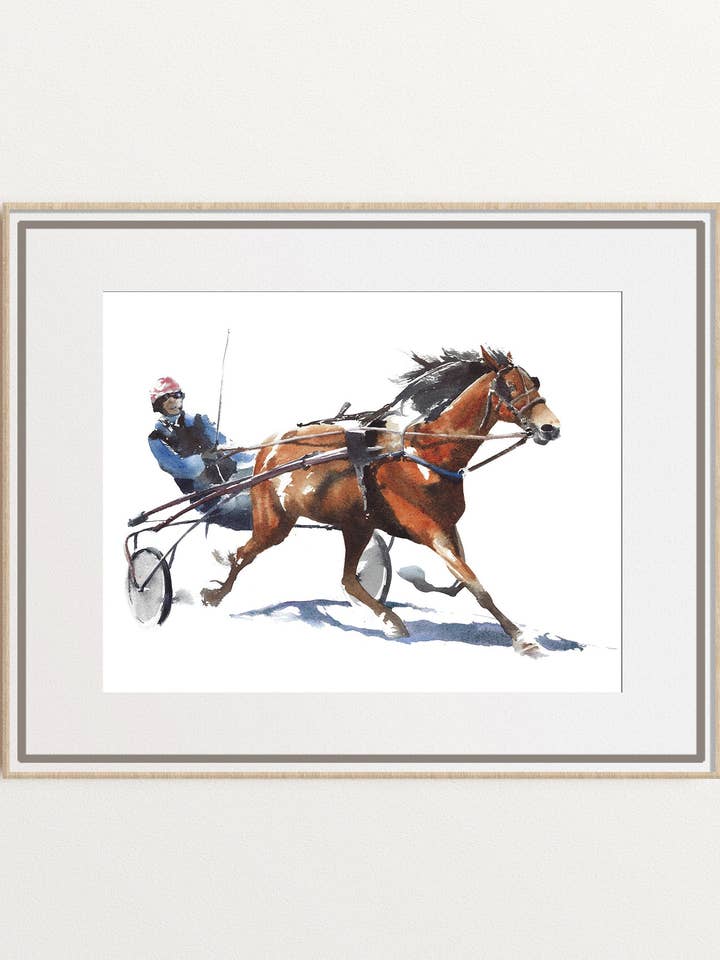 Horse Racing Watercolor Art, Harness Racing Giclee Print for wholesale by Yuliasheart