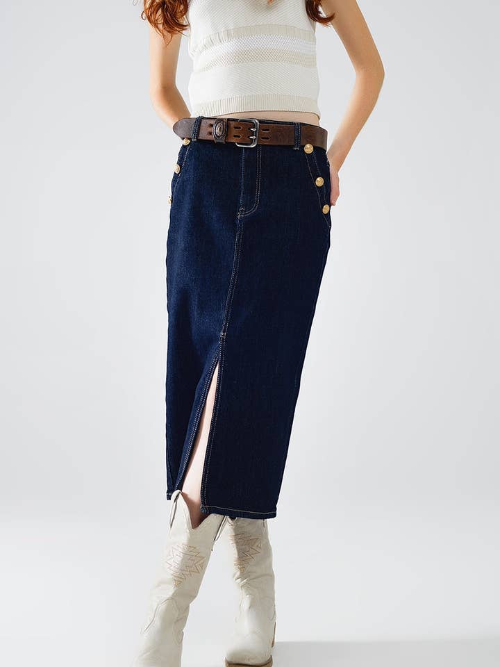 Blå Denim nederdel med slids foran og guldknapper på siderne for engroshandel på Faire