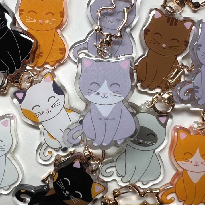 Gray and White Cat Acrylic Keychain Charm for wholesale by Cat Lady Alley