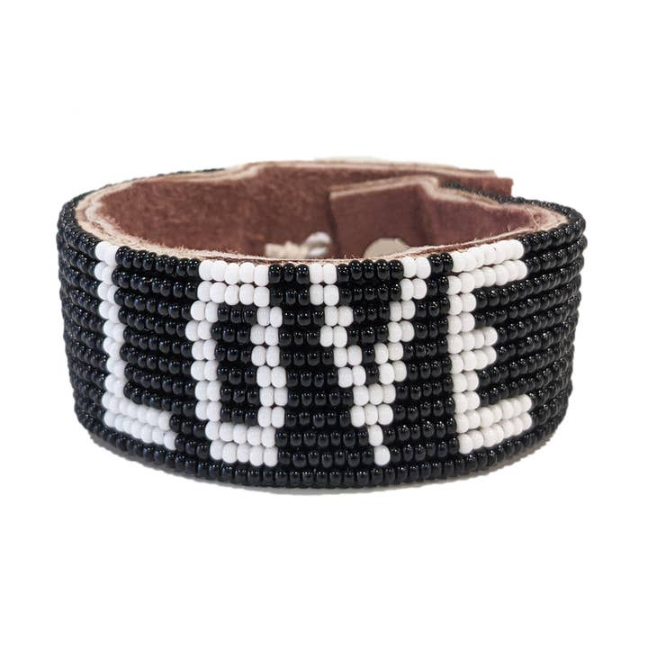 Medium Love Beaded Leather Cuff - Black - Affirmations for wholesale by Swahili Coast