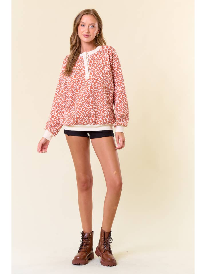 BURNT ORANGE LEOPARD Jacquard Half Snap Button-Down Sweatshirt - 44608T for wholesale on Faire