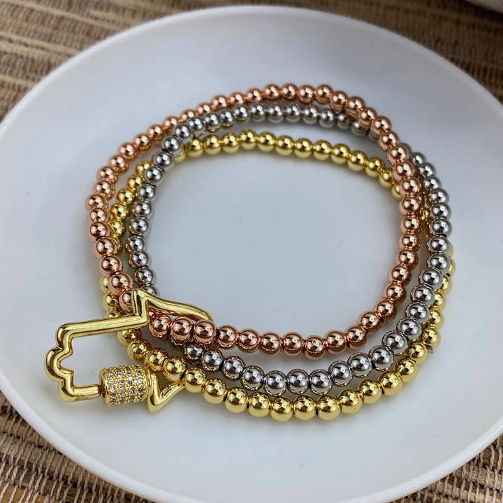 18k Gold Filled Three Tone 4mm Beads Elastic & Stackable Bracelet with Micro CZ Hamsa Hand for wholesale by Luxus Accessories
