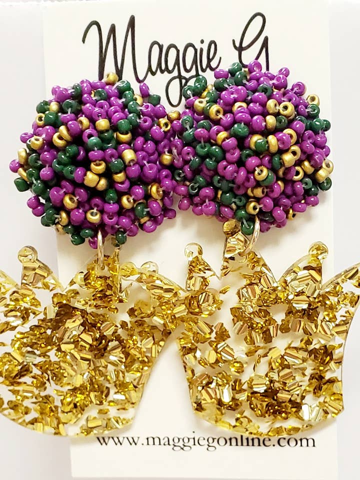 Crown Glitter Acrylic Earrings Seed Bead Top for wholesale by Maggie G