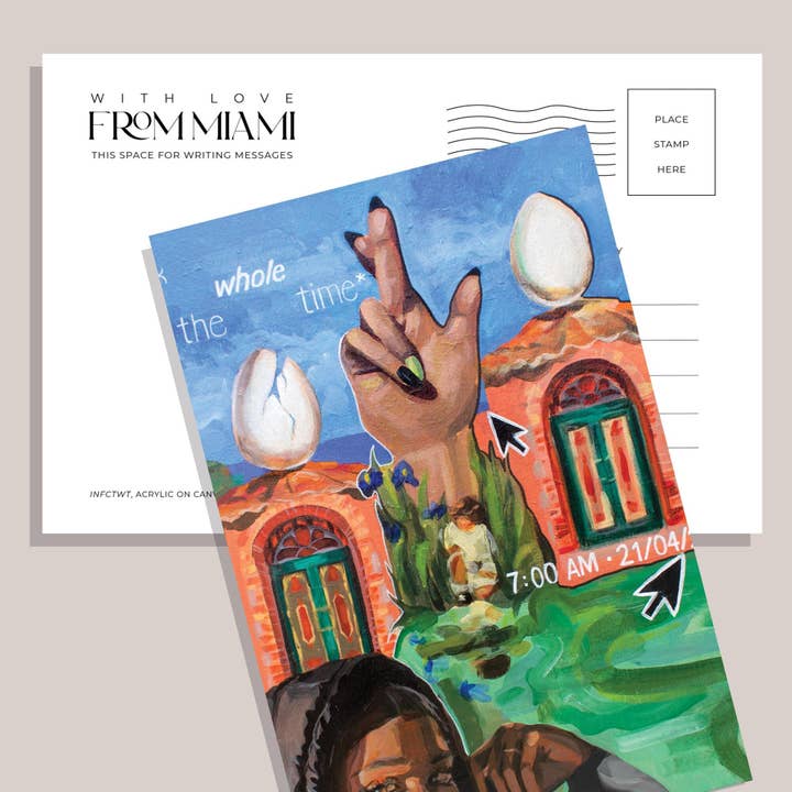 Carte postale surréaliste inspirée de Dali, souvenir de voyage à Miami, Miami Lovers pour la vente par Kimsey Art