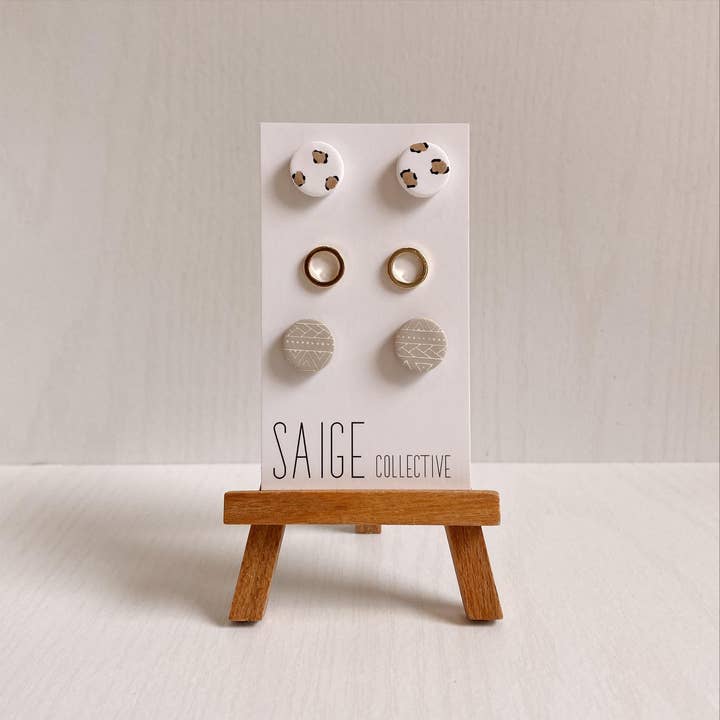 Saige Collective - Wholesale Jewelry Set - Nadia Stud Pack - Leopard, Nude Aztec Clay Earrings