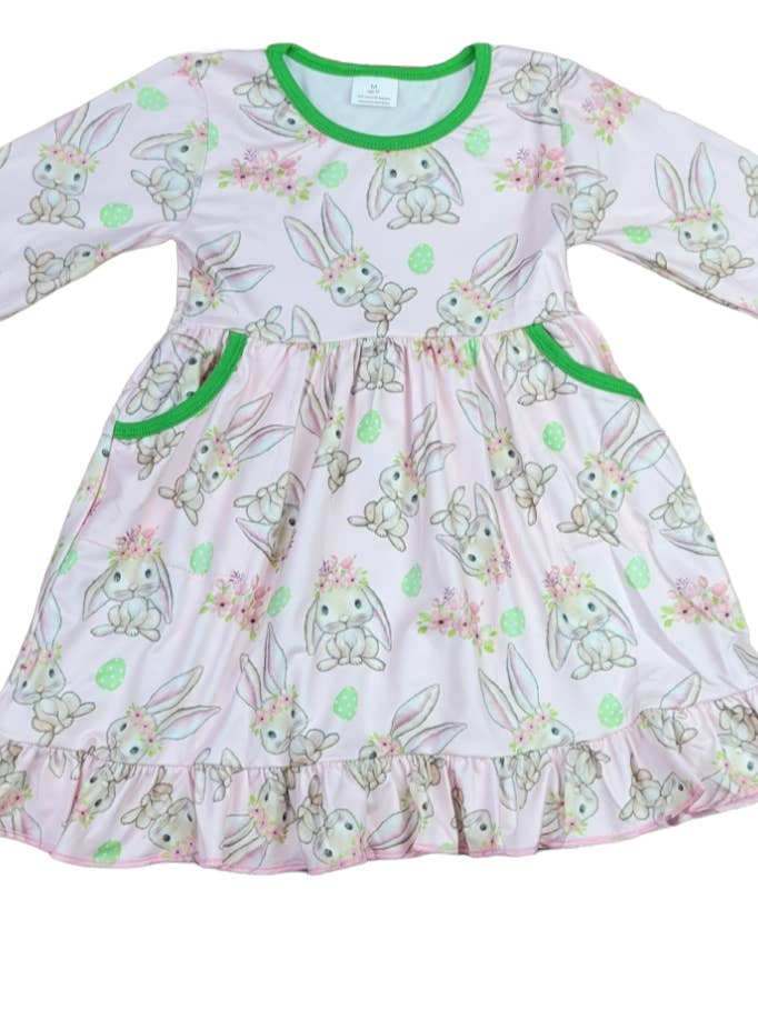 Kanin Blomsterkrone Langærmet Lomme Mælk Silke Kjole for engroshandel hos Great Lakes Kids Apparel