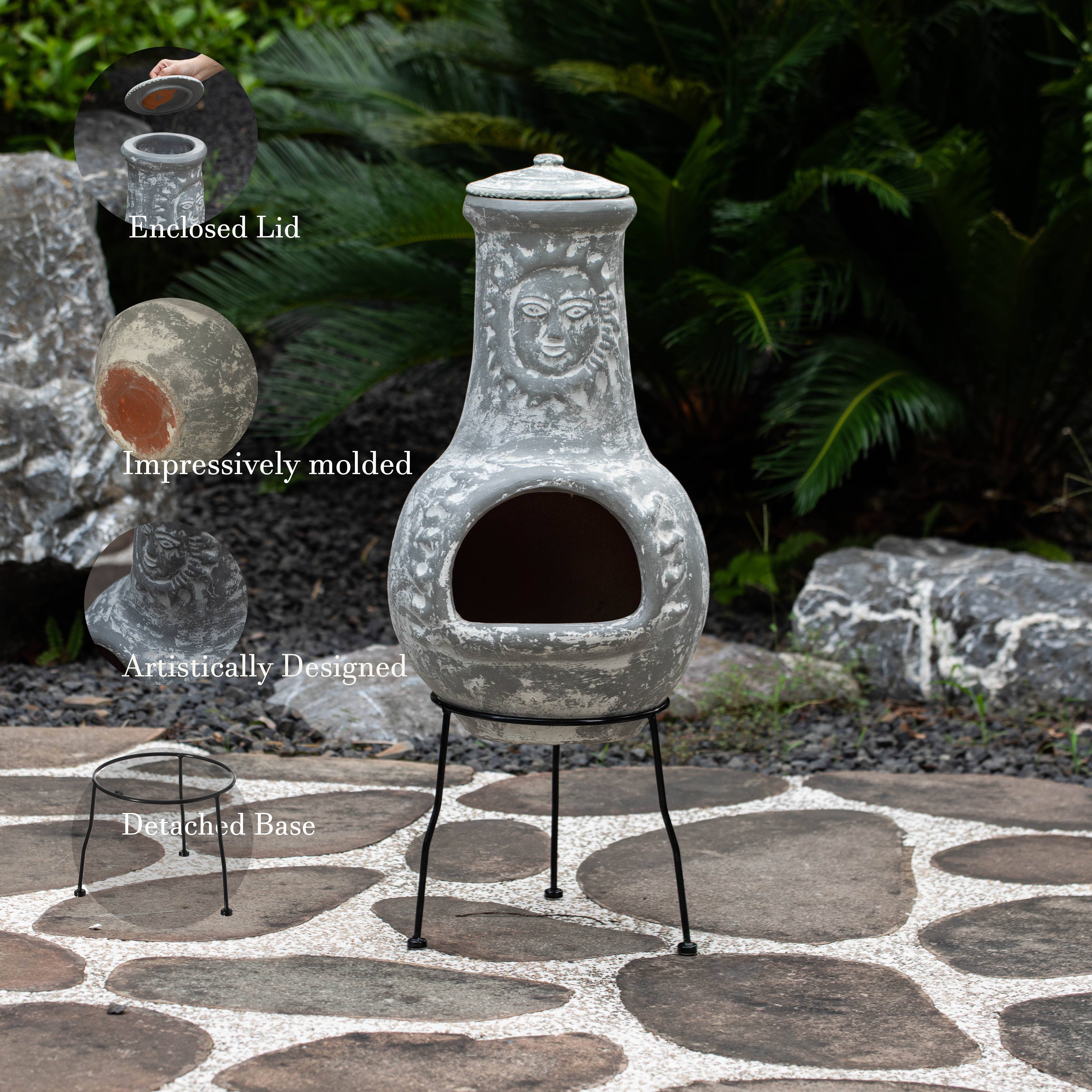 Quickway Imports – wholesale Fire pit – Outdoor Clay Chiminea Fireplace Sun Design Wood Burning Fire8