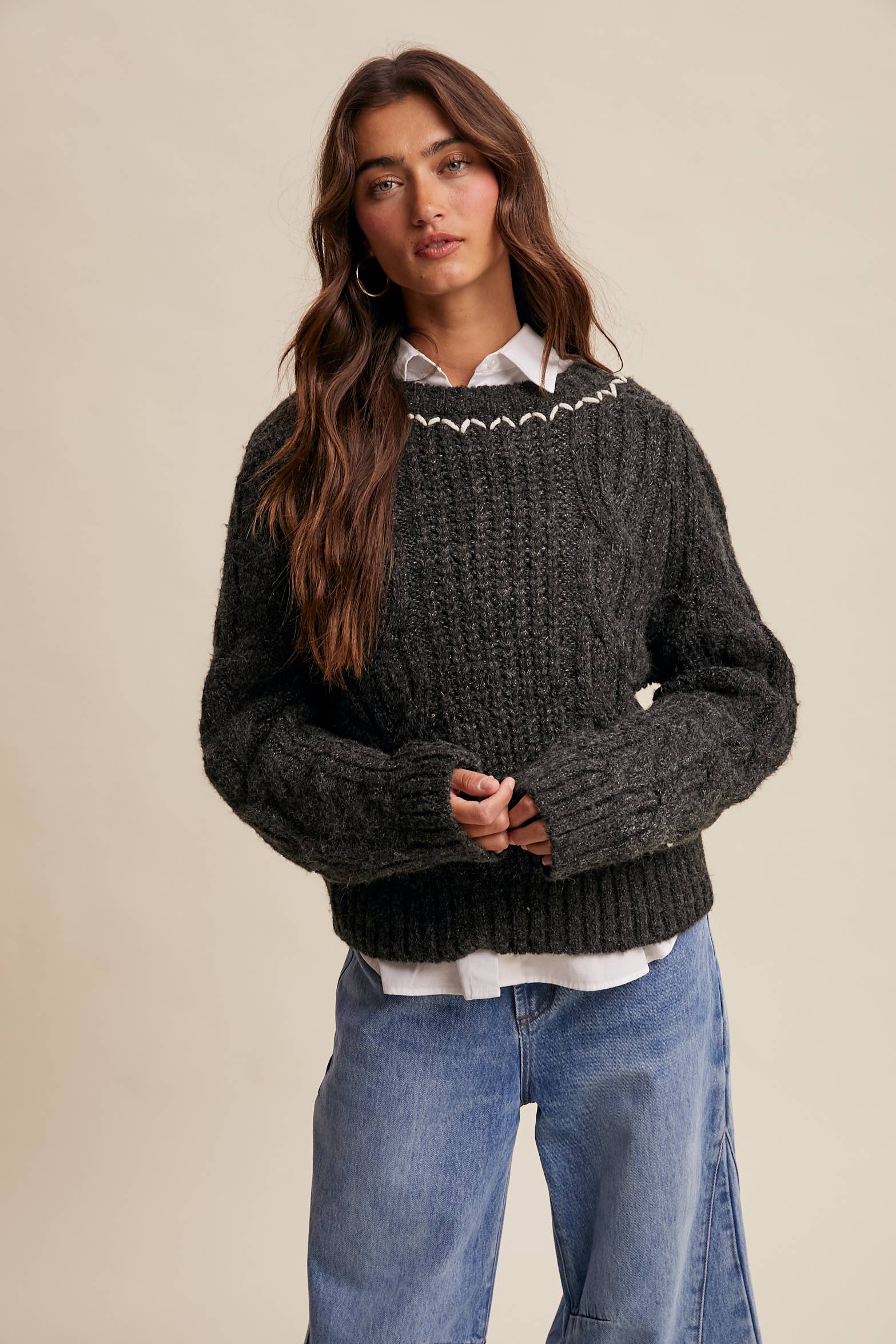 Listicle - Wholesale Knit Sweater - Women's - Contrast Stitch Cable Knit Sweater LSW1013 11