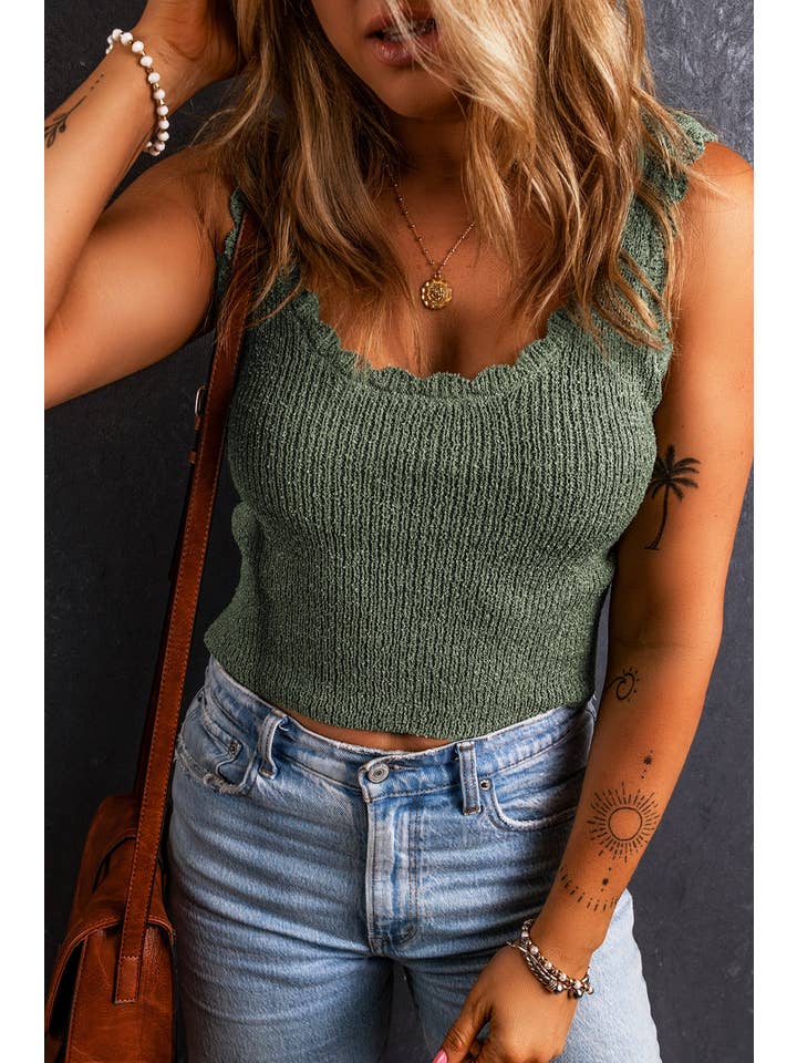Mist Green U Neck Scallop Trim Sweater Vest for wholesale on Faire