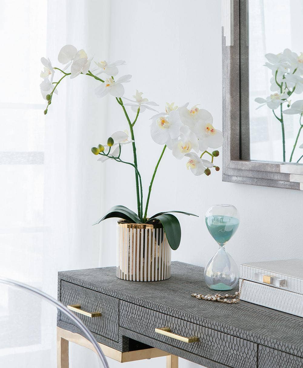 A&B Home Group Inc. – wholesale Artificial flowers – 9.5x6x20.5"H Artificial White Orchid in Gold Striped Pot5