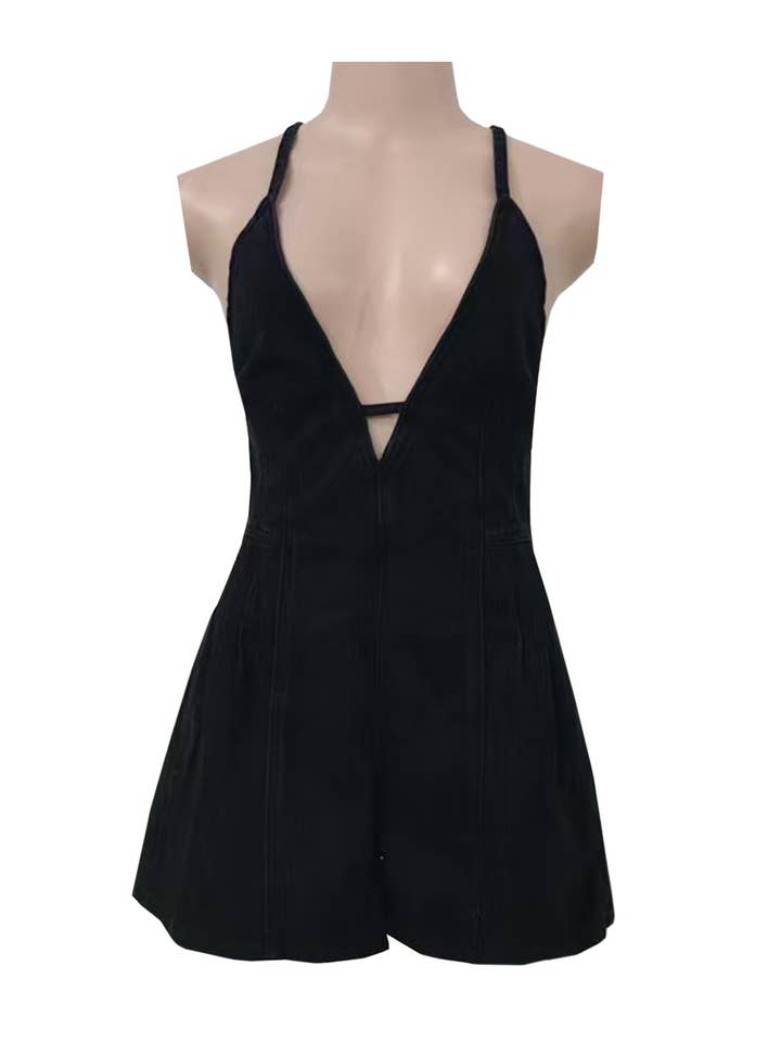 Rosa Clothing - Wholesale Romper - Women's - Western cowgirl Style chill Denim romper strappy shortall