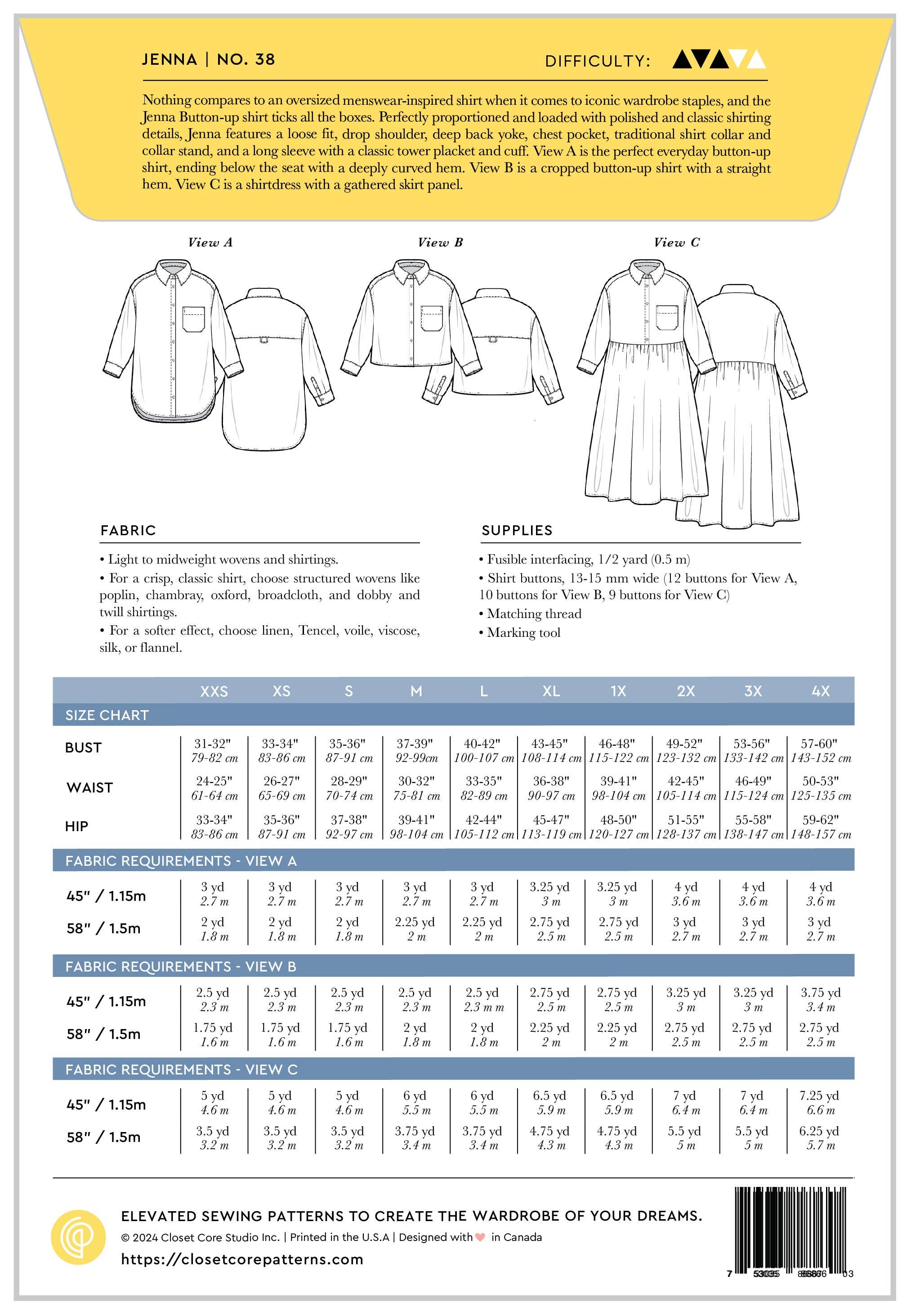 Closet Core Patterns - Wholesale Craft Sewing Kit - Jenna Shirt + Shirtdress Sewing pattern37