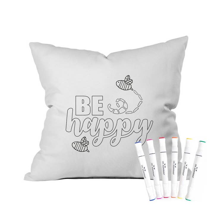 Funda de almohada de colores «Be Happy» con marcadores (18 x 18 pulgadas) para venta al por mayor de Oh, Susannah