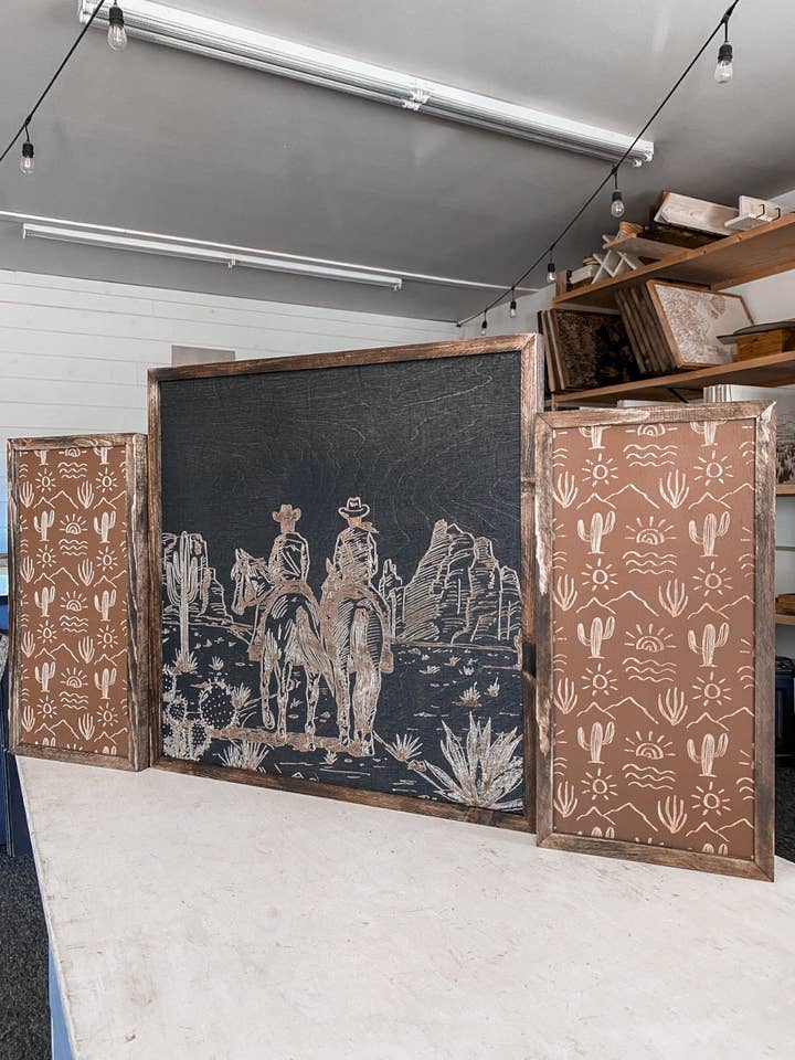 Cowboys & Horses in Desert Cactus Pattern Wood Wall Art | 3 Piece Set for wholesale by Birch and Home Handmade