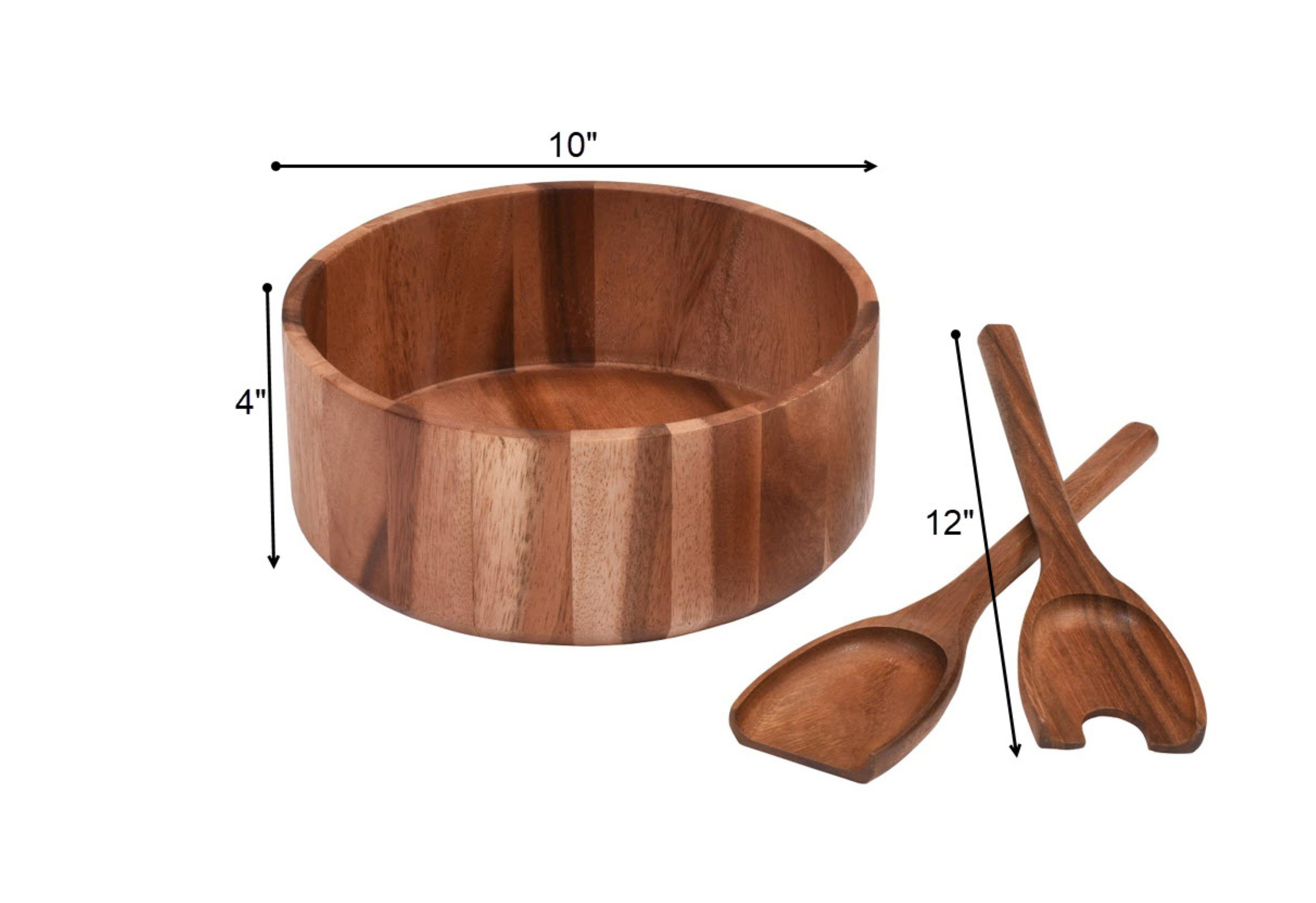 Kalmar Home - Wholesale Serve Bowl - Large Acacia Wood Serving/Salad Bowl with Utensils – 10" 3