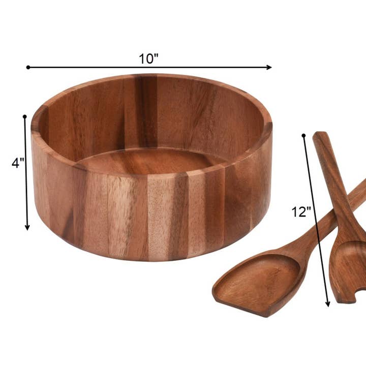 Kalmar Home - Wholesale Serve Bowl - Large Acacia Wood Serving/Salad Bowl with Utensils – 10" 3