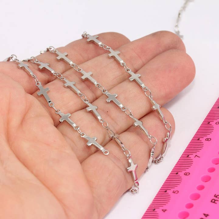 QueenJewelryM - Wholesale Link & Chain Necklace - 5x13mm Rhodium Plated Cross Charm Soldered Chain, CHK6000