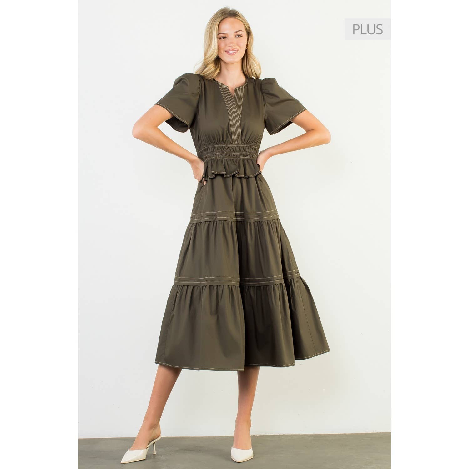 THML - Vendita all'ingrosso Vestito - Donna - Abito midi a balze con scollo a V e maniche corte /Taglia XL/3