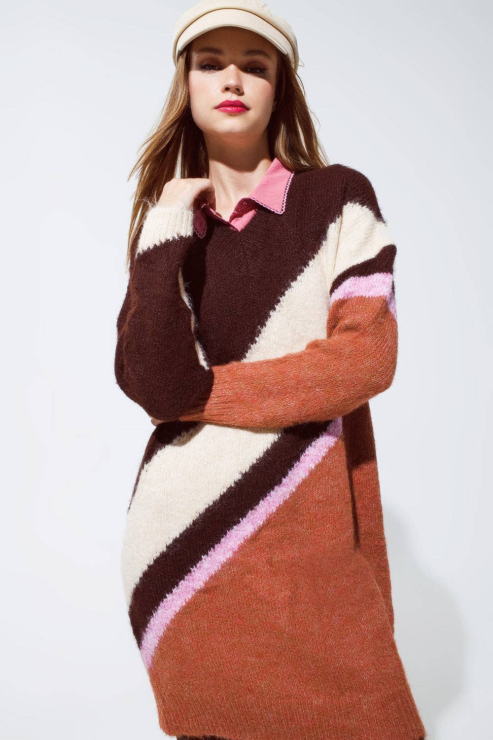 Brown striped oversized chunky knit dress with crew neck for wholesale on Faire3