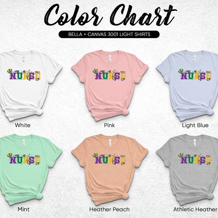 Mardi Gras sygeplejerske T-shirt, festlig sygeplejetrøje, farverig karnevalskjorte, sygeplejerske-livstøj, RN-festkostume for engroshandel hos FreakyTeeFactory