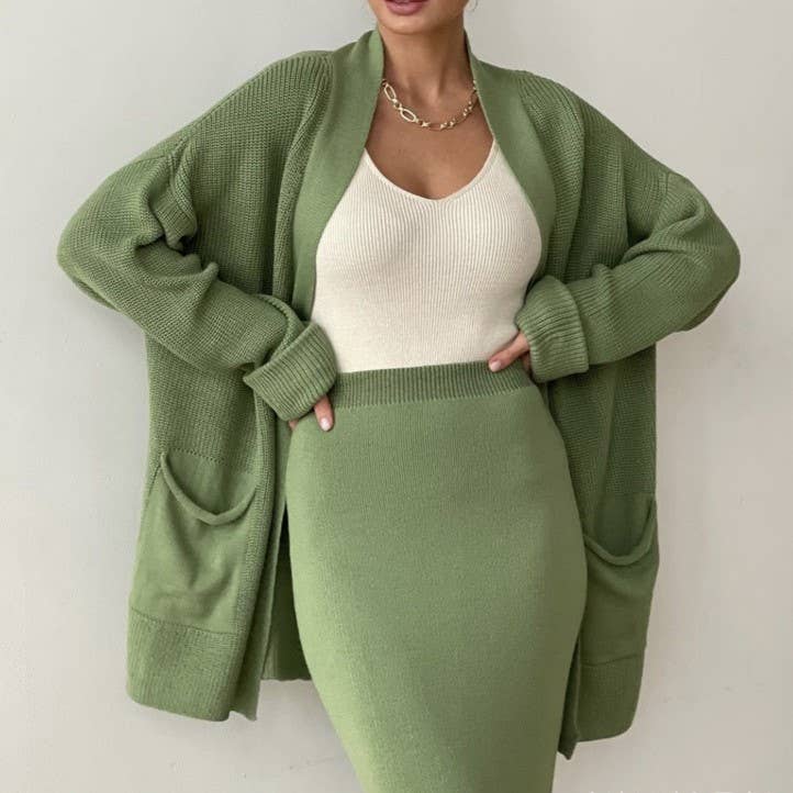 Rosa Clothing - Wholesale Top & Skirt Set - Women's - Cozy Cardigan/R-Neck Sweater High-Waisted Skirt Knit Set11