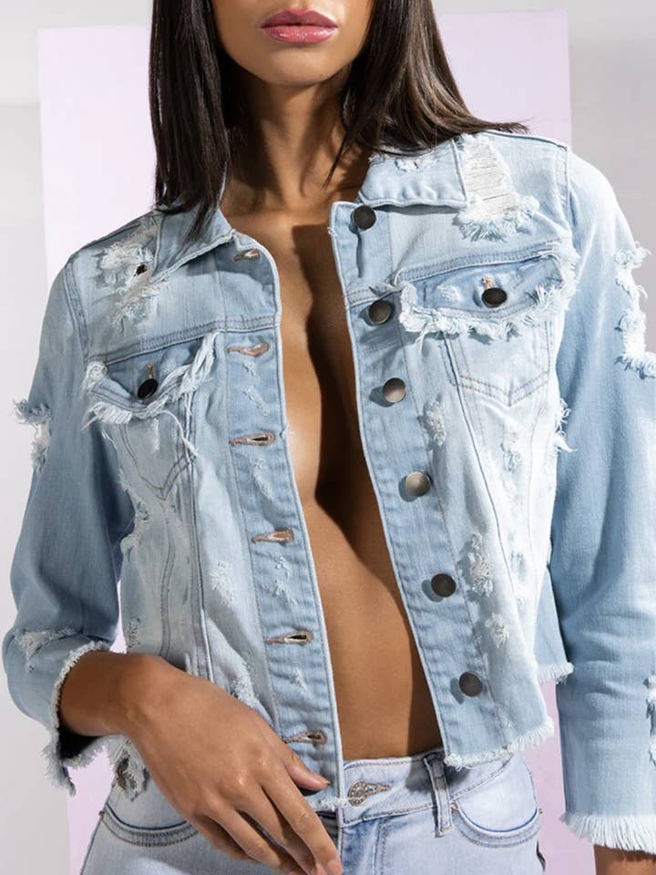 DISTRESSED CROPPED LIGHT WASH DENIM JACKET for wholesale by JBLA FASHION