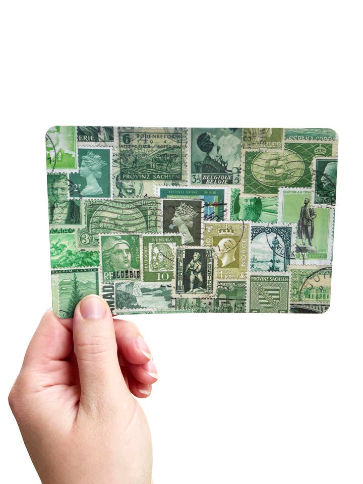 Grüne Briefmarken-Collage | 4x6 Postkarten-Papeterie für den Großhandel von Jillian Kaye Art