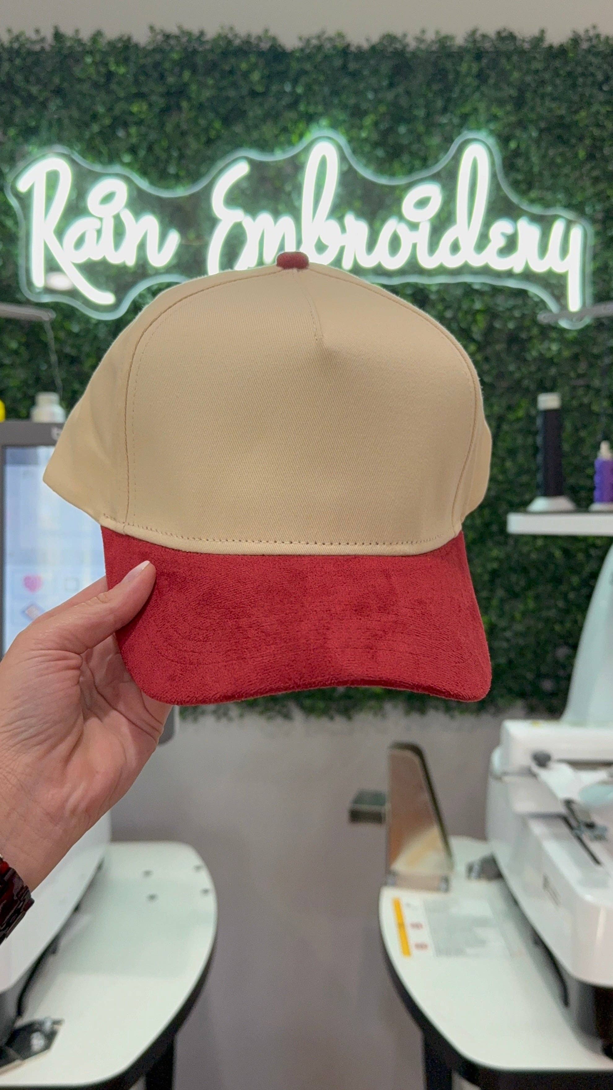 Rain Embroidery - Wholesale Trucker Hat - Unisex - Red Suede Trucker Hat (blank)1