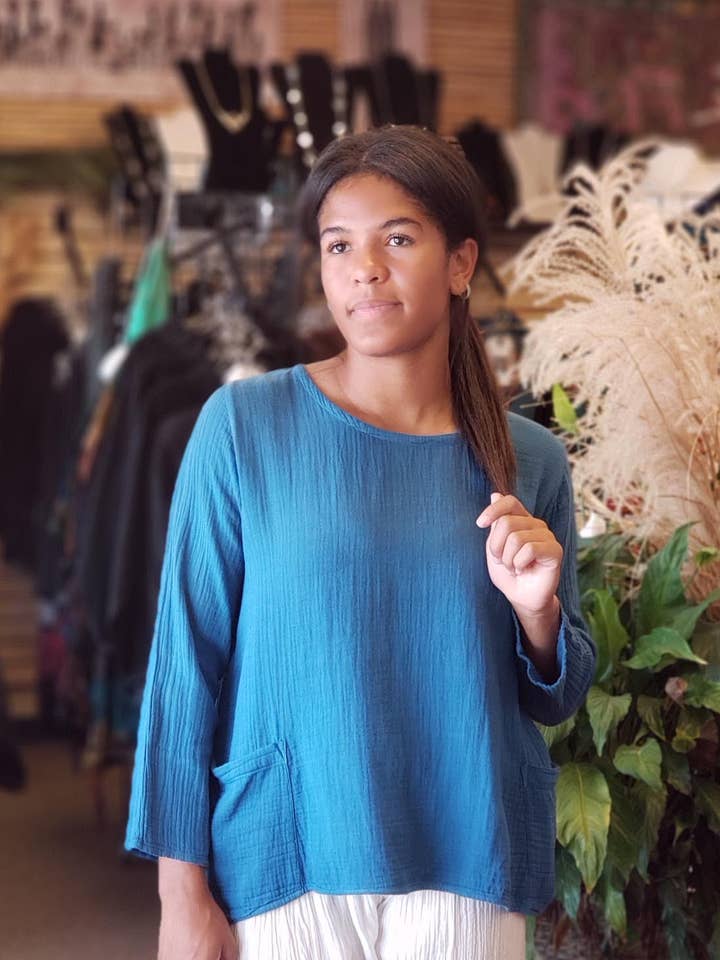 Top de algodão de manga comprida Hi-Lo - Teal por atacado de Zumi