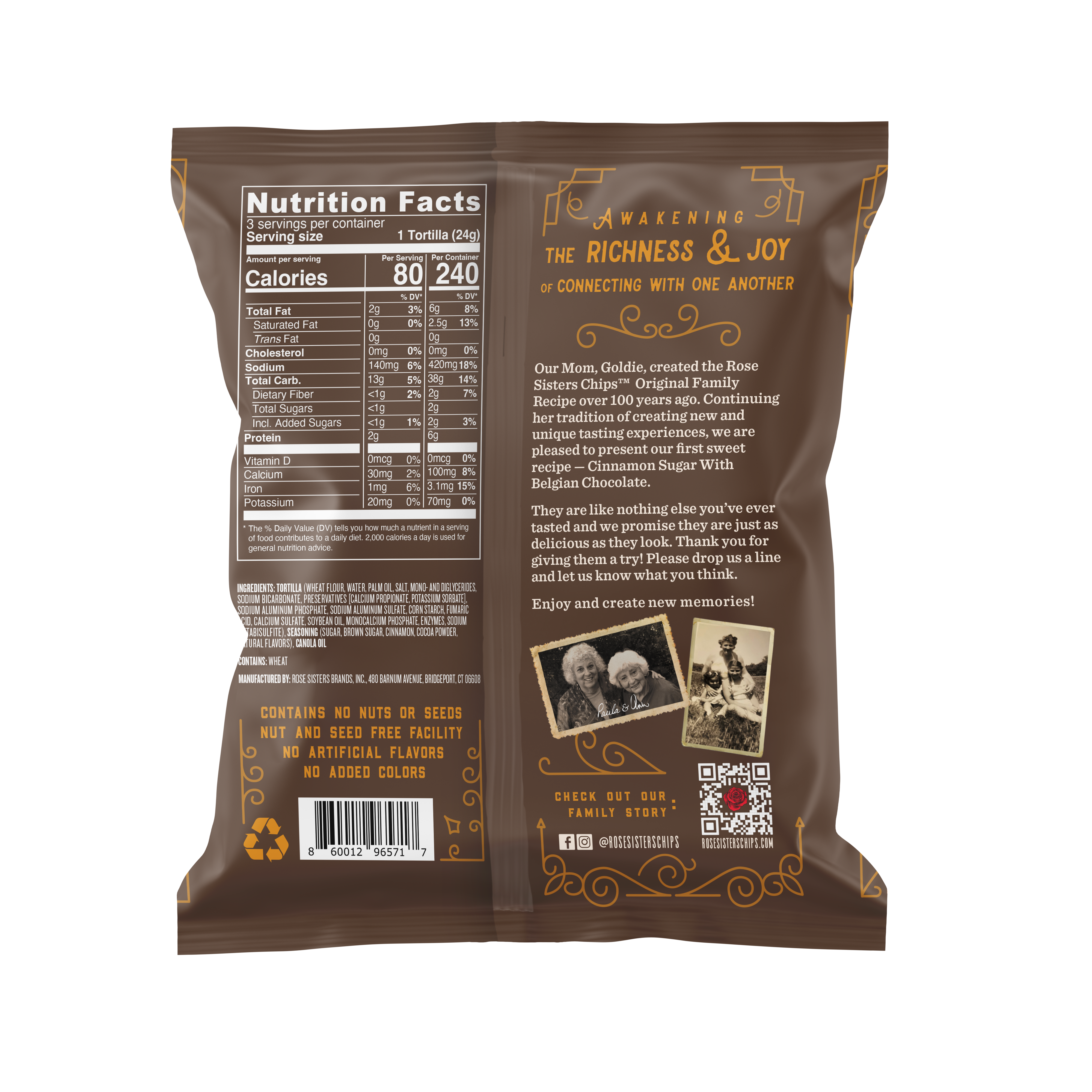 Rose Sisters Chips - Wholesale Crisps - Cinnamon Sugar w Choc Baked Flour Tortilla Chips -Single Srv1