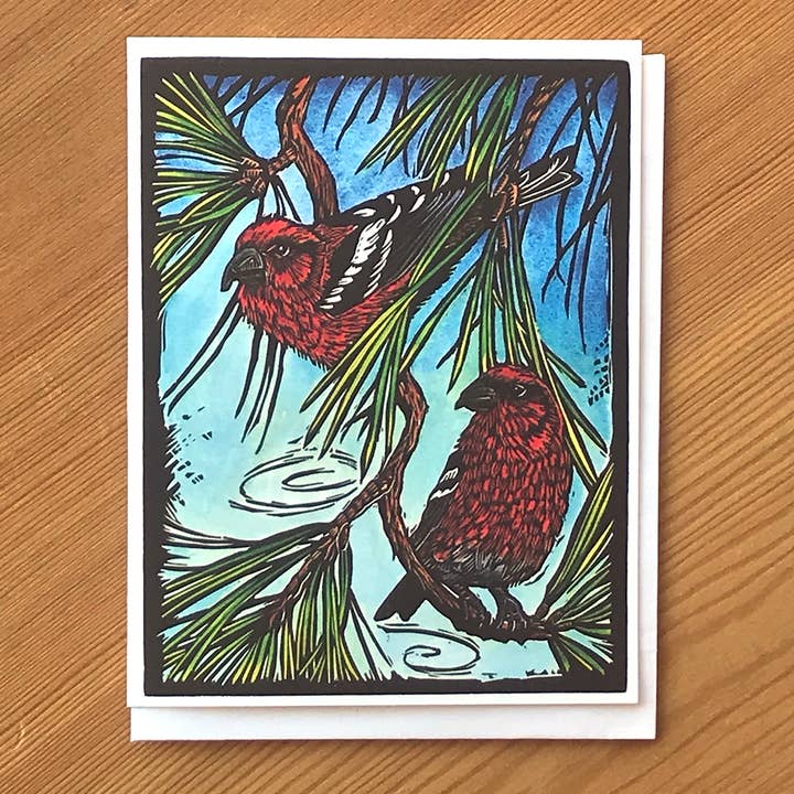 Crossbills - Touching Life Card for wholesale by Claire Emery Art