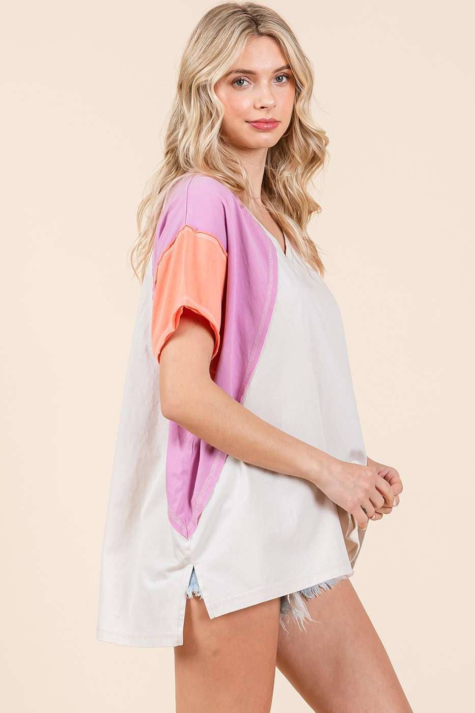 mittoshop – Túnica - Mulher por atacado – TOP DE MALHA DE MANGA CURTA EM BLOCO COLORIDO DE GRANDES DIMENSÕES15