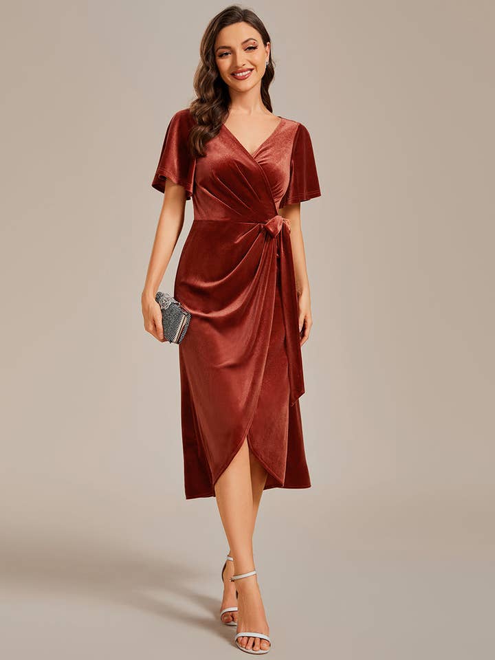 Ever-Pretty - Wholesale Dress - Women's - One-piece Type Velvet Tea Length Wedding Guest Dress9