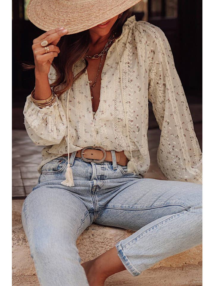 Red Floral Embroidered Lace Bubble Sleeve Shirt for wholesale on Faire