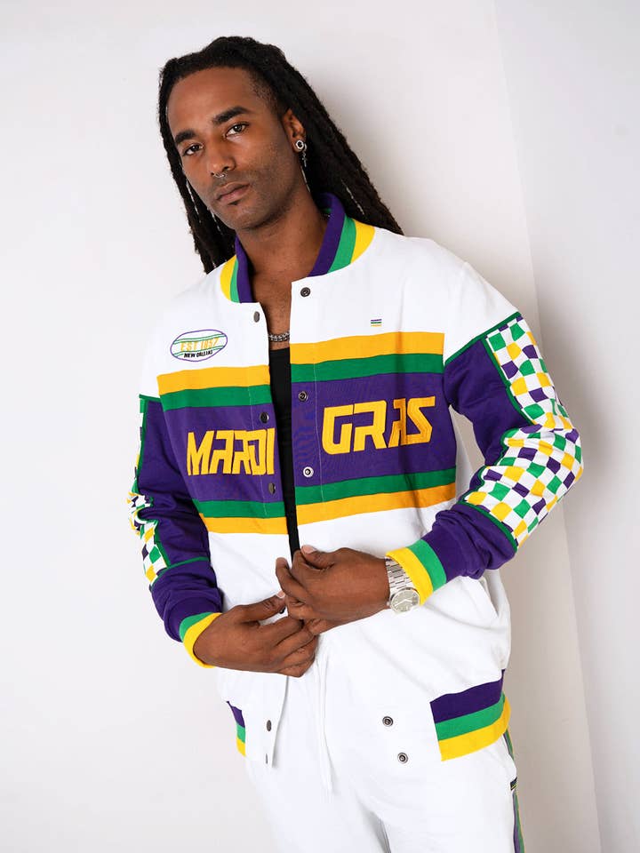 Adult Unisex Mardi Gras French Terry Racing Jacket for wholesale by Mardi Gras Creations