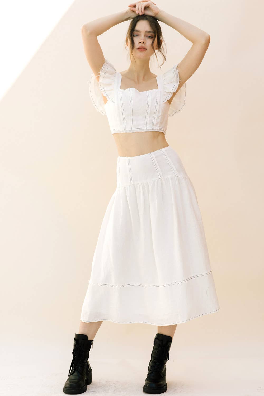 White JS3926- Monochromatic Stitched Detail Maxi Skirt for wholesale on Faire6