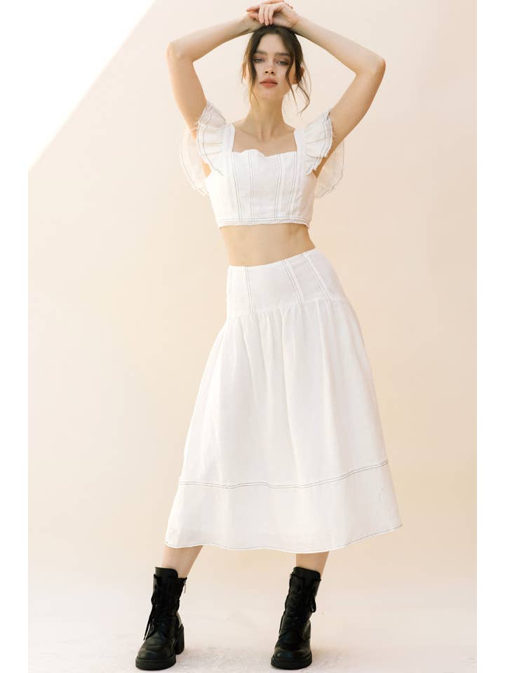 White JS3926- Monochromatic Stitched Detail Maxi Skirt for wholesale on Faire6